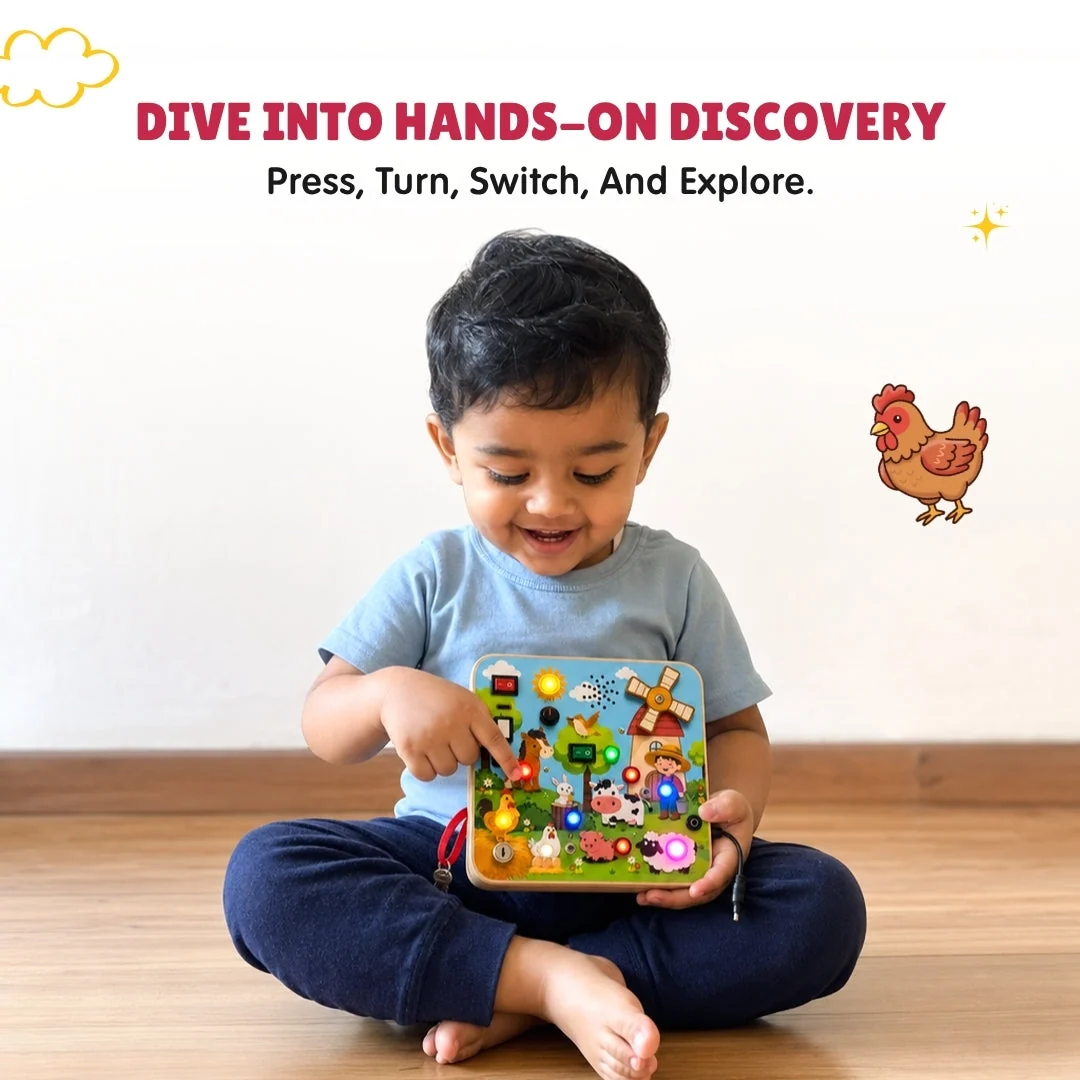 Toddler pressing a button on the board