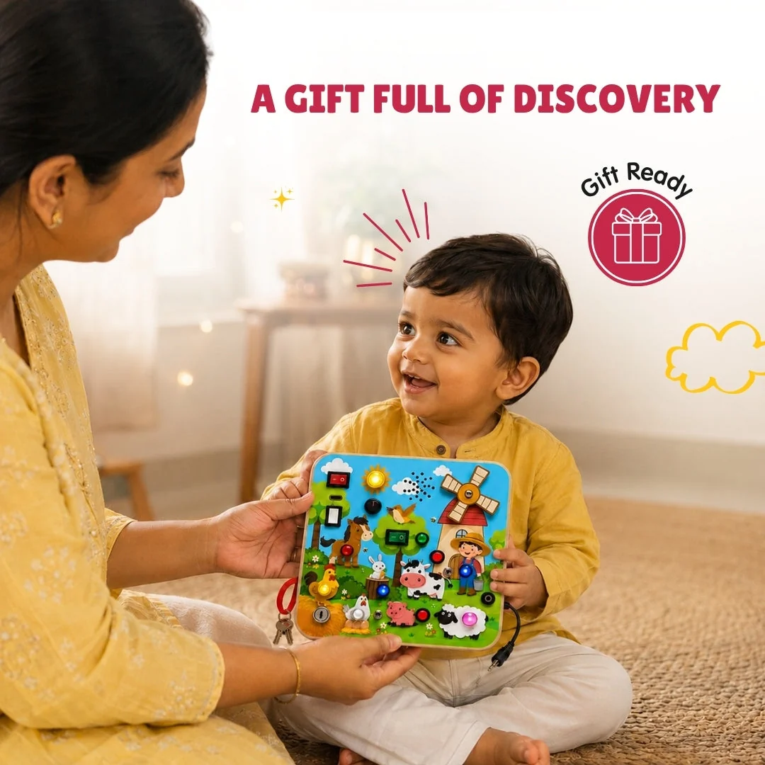 Mother and toddler sharing the busy board, gift ready