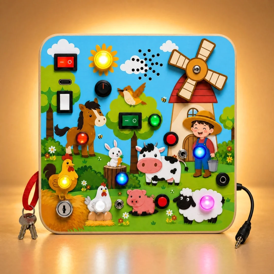 Barnyard Montessori Busy Board lit up with farm animals, switches and a windmill