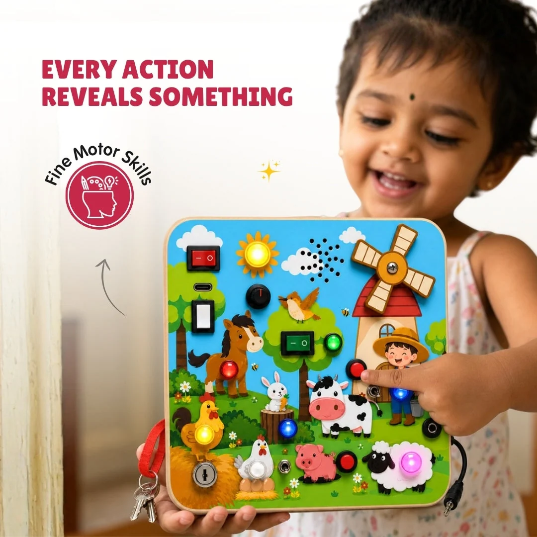 Little girl holding and playing the busy board